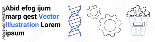 Education, science, genetics, technology, mechanics, entertainment. DNA strand, gears and popcorn illustrations with stylized placeholders for text. Science and genetics visual concept