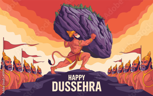 Lord Hanuman carrying Dronagiri mountain with an army of vanaras, for Dussehra lifting