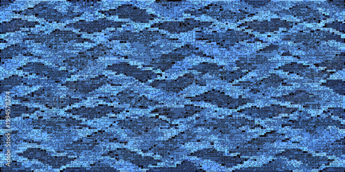 Abstract digital camouflage pattern in shades of blue and navy