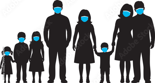 Flat vector illustration, family silhouettes wearing face masks, adults children group healthcare safety concept, black white artwork