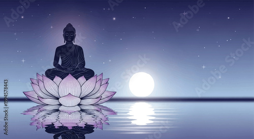 Buddha, meditation, zen, yoga, spiritual, serene, peaceful, lotus, silhouette, night, moonlight