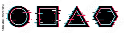 Geometric shapes with digital glitch effect, featuring a circle, square, triangle, and hexagon in modern abstract style.