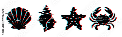 Glitch effect sea creatures, shells, starfish, and crab in a modern digital art style, representing marine life and ocean themes.