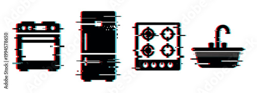 Set of modern kitchen appliances and sink with a vibrant digital glitch effect, representing technology and disruption.