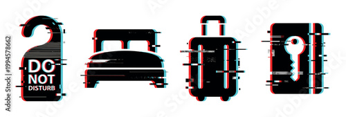 Glitch effect hotel and travel icons set featuring a do not disturb sign, bed, luggage, and key card, representing modern digital disruption.
