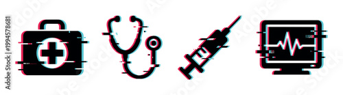 Medical icons with glitch effect featuring a first aid kit, stethoscope, syringe, and heart rate monitor for digital health concepts.
