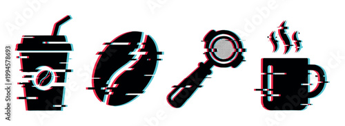 Coffee icons with a modern digital glitch effect, featuring a disposable cup, bean, portafilter, and steaming mug.