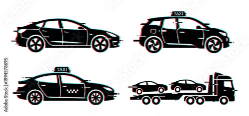 Modern cars, taxis, and car carrier truck silhouettes with a trendy anaglyph glitch effect, representing transportation and digital disruption.