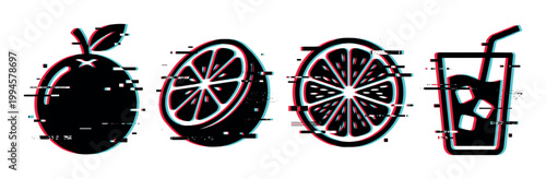 Citrus fruits and refreshing drink icons with a modern digital glitch effect, perfect for contemporary design projects.