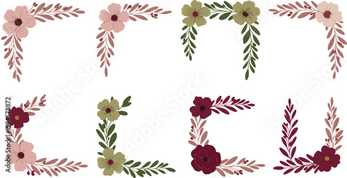 Eight red floral designs with leaves on white background