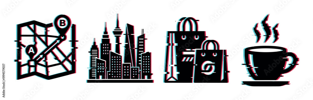 Obraz premium Digital glitch icons featuring map navigation, city skyline, shopping bags, and a hot coffee cup for modern design.