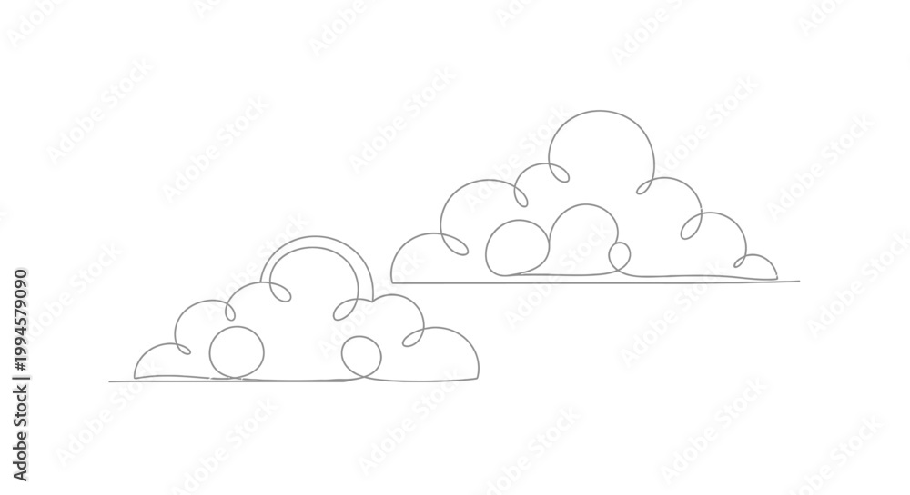 Fototapeta premium Minimalist Line Art Illustration of Two Fluffy Clouds with a Rainbow Arc - A Simple, Elegant Design