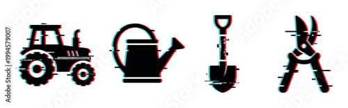 Tractor, watering can, shovel, and pruning shears icons with a modern glitch effect, representing farming and gardening tools.