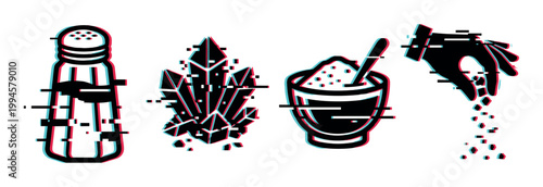 Salt icons with digital glitch effect showing shaker, crystals, bowl, and hand sprinkling seasoning for culinary use.