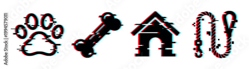 Glitch effect pet icons set featuring a paw print, bone, dog house, and leash with digital distortion style.