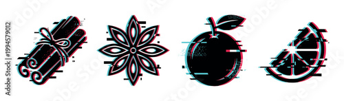 Cinnamon sticks, star anise, orange, and orange slice vector icons featuring a trendy digital glitch effect with RGB shift.
