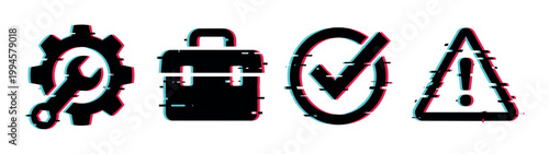 Glitch effect service icons set including gear, wrench, briefcase, checkmark, and warning sign for digital design.