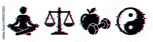 Wellness icons with glitch effect representing meditation, balance, healthy lifestyle, and harmony in a modern digital style.