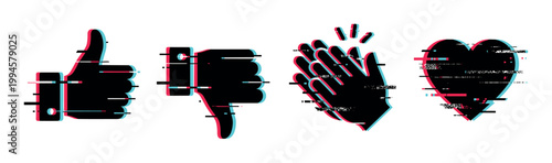 Social media reaction icons with a modern digital glitch effect, including like, dislike, clapping hands, and heart symbols.
