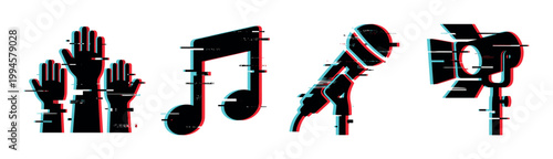 Performance, music, and audience icons with a modern digital glitch effect, representing entertainment and live events.