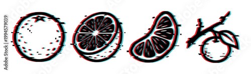 Stylized citrus fruits with a modern glitch effect, including a whole orange, a half, a segment, and a fruit on a branch.