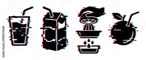 Juice drinks and fruit preparation icons with a modern digital glitch effect, representing fresh beverages and healthy lifestyle.