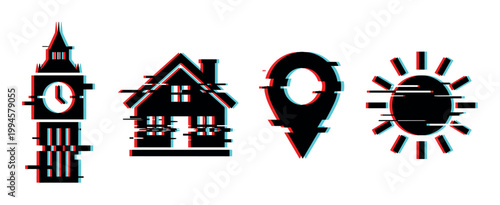 Clock tower, house, map pin, and sun icons with a modern digital glitch effect and RGB shift distortion.