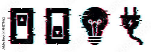 Digital glitch effect on electrical power icons including light switches, a light bulb, and an electrical plug.