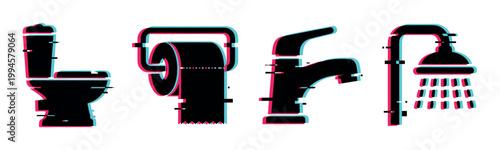 Toilet, toilet paper, faucet, shower icons with modern glitch effect, representing bathroom fixtures and plumbing in a digital style.