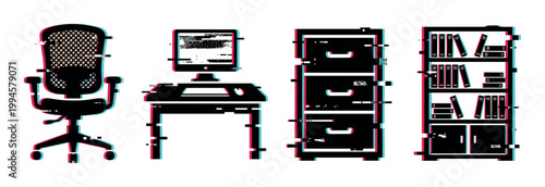 Office furniture set with a glitch effect, including a chair, desk with computer, filing cabinet, and bookshelf, representing digital distortion.