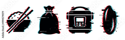 Rice food icons with digital glitch effect, representing cooking, Asian cuisine, and modern technology in a stylized vector illustration.