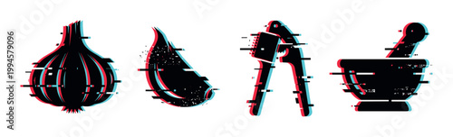 Garlic bulb, clove, press, and mortar pestle set with a modern digital glitch effect, perfect for culinary and cooking themes.