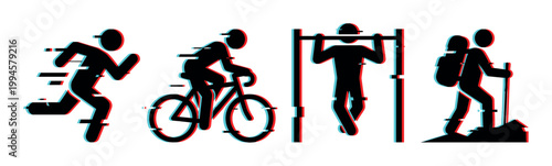 Sports activity icons with glitch effect showing running, cycling, pull-ups, and hiking for digital fitness concepts.