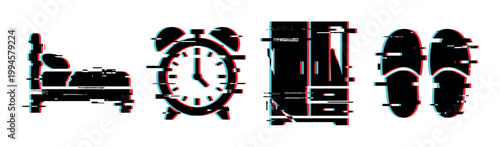 Bed, alarm clock, wardrobe, and slippers depicted with a modern digital glitch effect, representing daily routine and bedroom items.
