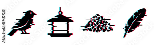 Glitch effect bird, feeder, seeds, and feather icons set with digital distortion and retro anaglyph style.