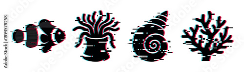 Clownfish, sea anemone, conch shell, and coral silhouettes with a modern digital glitch effect and RGB shift distortion.