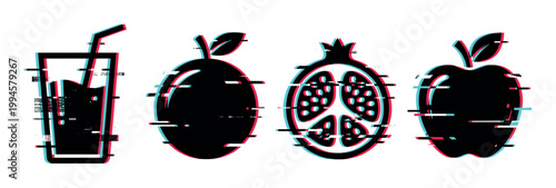 Juice pomegranate apple glitch effect vector illustration with digital distortion and modern graphic style for healthy food concepts.