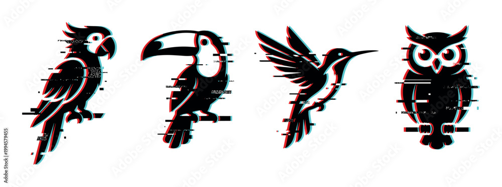 Fototapeta premium Glitch effect bird silhouettes including parrot, toucan, hummingbird, and owl in a modern digital art style.