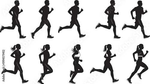 Flat vector illustration, running silhouettes icons, male female athletic stride poses, fitness motion artwork, black white design