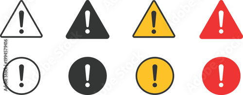Warning icons set, caution exclamation symbols safety signs vector illustration collection design