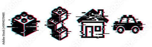 Digital glitch effect icons of abstract shapes, a house, and a car, illustrating modern technology and data corruption.