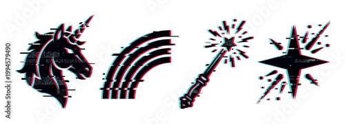 Unicorn, rainbow, magic wand, and star icons with a modern digital glitch effect, perfect for fantasy and technology themes.