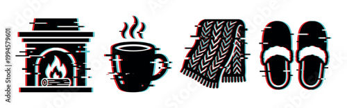 Cozy fireplace, hot mug, warm scarf, and soft slippers with a modern glitch effect, representing comfort and relaxation during cold weather.