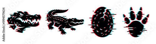 Crocodile, egg, and paw print illustrations featuring a trendy digital glitch effect, perfect for modern graphic design projects.