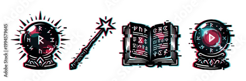 Magic crystal balls, spell book, and wand with a modern digital glitch effect, representing fantasy, sorcery, and mystical elements.
