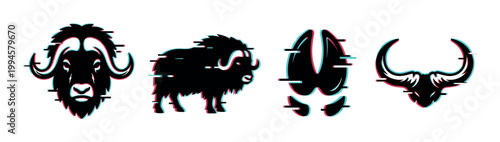 Musk ox vector illustration set with glitch effect, featuring head, full body, hoof print, and horns in a modern digital style.