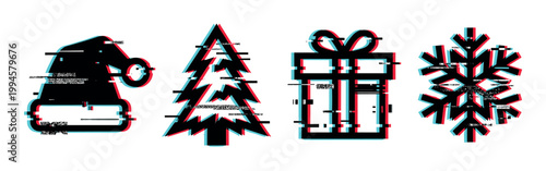 Christmas icons, holiday symbols, and winter elements with a modern digital glitch effect and anaglyph style.