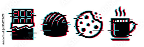 Sweet treats and hot drink icons with a modern digital glitch effect, representing dessert and beverage concepts.