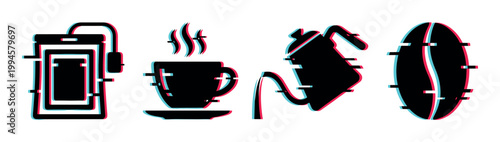 Coffee icons set with glitch effect featuring a coffee maker, steaming cup, pouring kettle, and a coffee bean in a modern digital style.