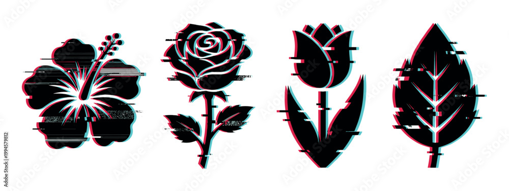 Obraz premium Glitch flowers and leaf vector set with digital distortion effect, featuring hibiscus, rose, tulip, and a plant leaf.